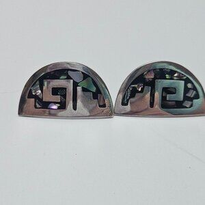 Vintage Marked TU-08 Taxco Mexico 925 Abalone Half Circle/Moon Earrings 10 grams